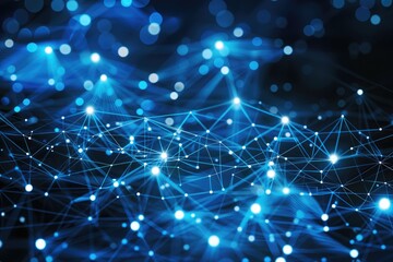 Glowing Blue Connections in Abstract Digital Network, vibrant lines intertwine across a dark background, symbolizing advanced technology and interconnected systems.