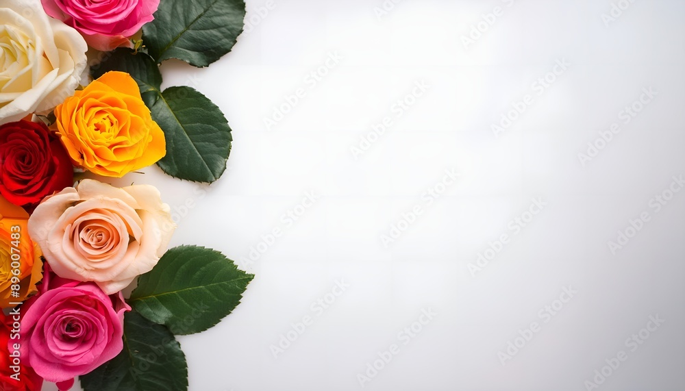 Poster top view multi color roses flowers on white background with copy space