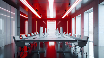 Modern Office with red background with sunlight from windows