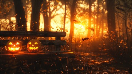 Spooky evil glowing eyes of Jack O' Lanterns at sunset on the left of a wooden bench on halloween night.