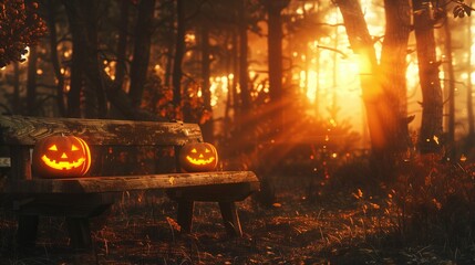 Spooky evil glowing eyes of Jack O' Lanterns at sunset on the left of a wooden bench on halloween night.