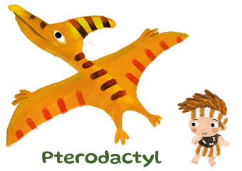 caveman human cartoon happy and funny colorful prehistoric dinosaur dino pterodactyl bird isolated illustration with child pointing on animal © honeyflavour