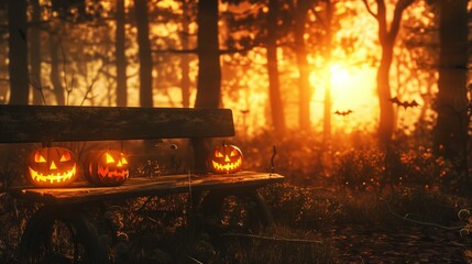 Spooky evil glowing eyes of Jack O' Lanterns at sunset on the left of a wooden bench on halloween night.