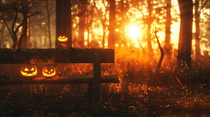 Spooky evil glowing eyes of Jack O' Lanterns at sunset on the left of a wooden bench on halloween night.