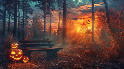 Spooky evil glowing eyes of Jack O' Lanterns at sunset on the left of a wooden bench on halloween night.