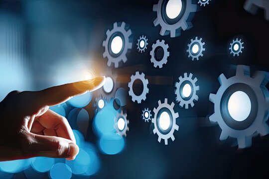 Finger directing at digital cogwheel symbols, symbolizing system integration and collaboration in technology, emphasizing innovation and interconnected processes.
