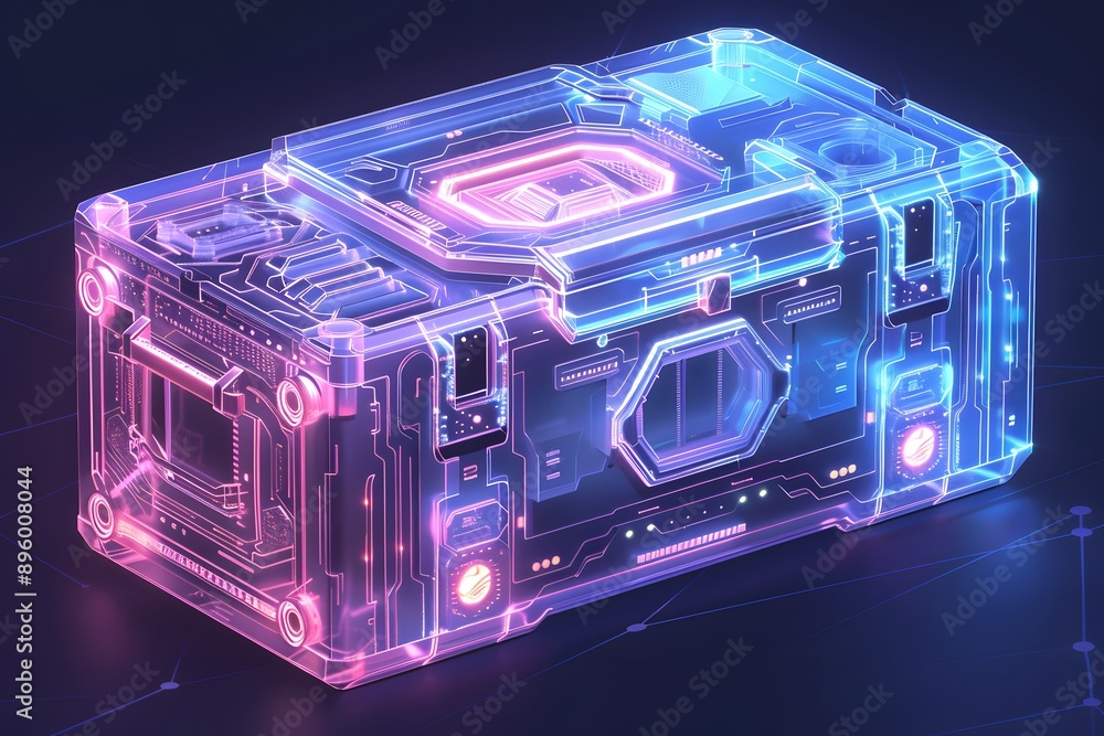 Poster futuristic neon tech box with transparent design and circuit patterns