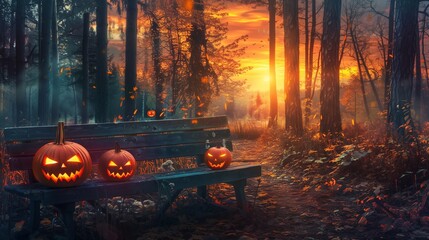 Spooky evil glowing eyes of Jack O' Lanterns at sunset on the left of a wooden bench on halloween night.