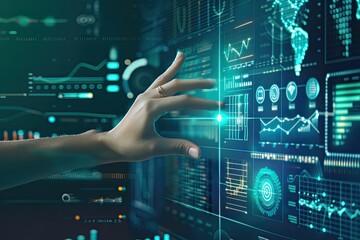 Virtual interface engagement, dynamic business analytics interaction, user interface exploration, data visualization, technology integration, innovative digital experience