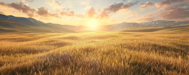 Obraz premium Golden Grassland Under a Setting Sun, 4K hyperrealistic photo