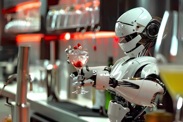 カクテルを提供する人型ロボットバーテンダー