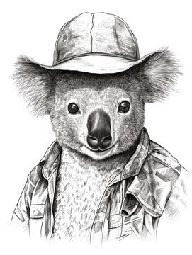 recommend clip art: Black and white Vintage engraved art of a koala in a tourist's outfit, isolated on white background, ink sketch illustration, simple vector art design, highly detailed line art, high contrasty 