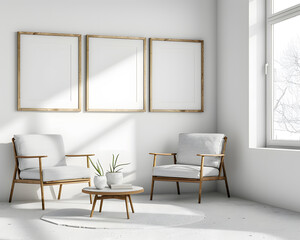 In a minimalist living room, wooden armchairs surround a small round table with three empty frames on the wall. The serene setting is enhanced by natural light from a window