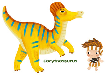 caveman human cartoon happy and funny colorful prehistoric dinosaur dino cerythosaurus isolated illustration with child pointing on animal