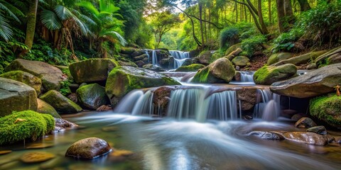 Jungle stream flowing over rocks in a small waterfall, Jungle, rainforest, stream, water, rocks, waterfall, flowing