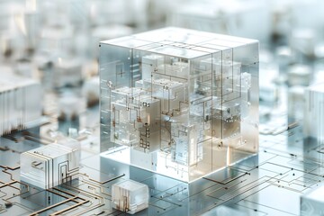 Futuristic Transparent Cube with Circuitry Design in a High-Tech Environment