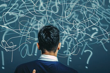 Man confronting a maze of tangled lines and floating question marks, embodying the struggle and determination of problem-solving and critical thinking challenges