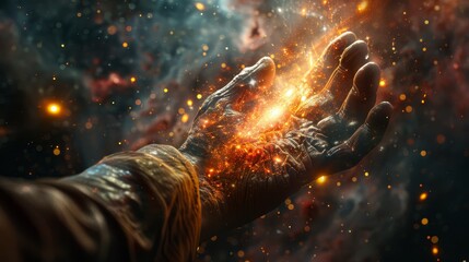 A hand emerges from a cosmic background, holding a burning flame surrounded by sparks.