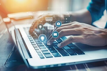 Digital workspace scene featuring a person engaged in typing on a laptop, surrounded by various virtual settings icons that enhance the online experience.