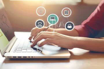 Engaged Learner in Digital Classroom, individual immersed in online education, surrounded by vibrant virtual learning icons, representing modern educational technology and connectivity