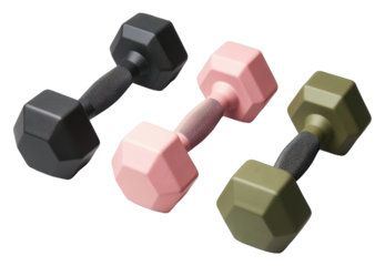Hexagonal Dumbbells in Modern Black, Pastel Pink, and Olive Green for Chic Fitness Training.