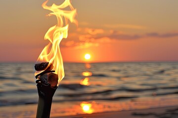 Flaming Torch at Sunset on the Beach, a vibrant scene of a glowing torch illuminating the shoreline, against a backdrop of colorful sunset hues reflecting on the water.