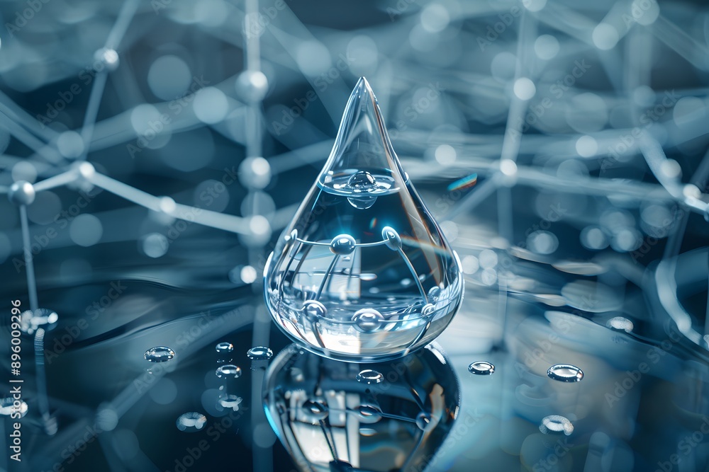 Poster crystal clear water drop on a reflective surface with abstract background
