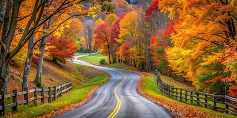 Fototapeta premium A weathered, winding country road surrounded by autumn foliage , rustic, rural, nostalgic, vintage, journey, pathway