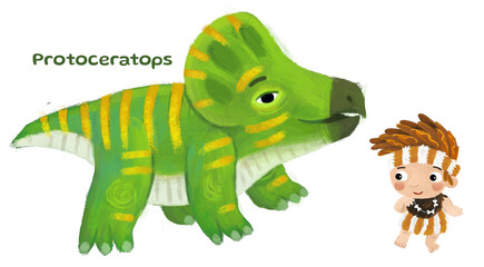 caveman human cartoon happy and funny colorful prehistoric dinosaur dino protoceratops isolated illustration with child pointing on animal