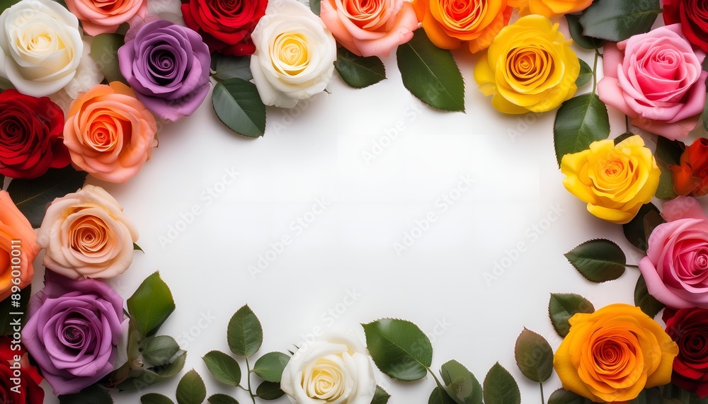 Poster frame of roses on white background with copy space