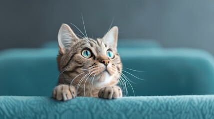A curious tabby cat gazes intently, showcasing its vibrant blue eyes and playful demeanor in a cozy indoor setting.