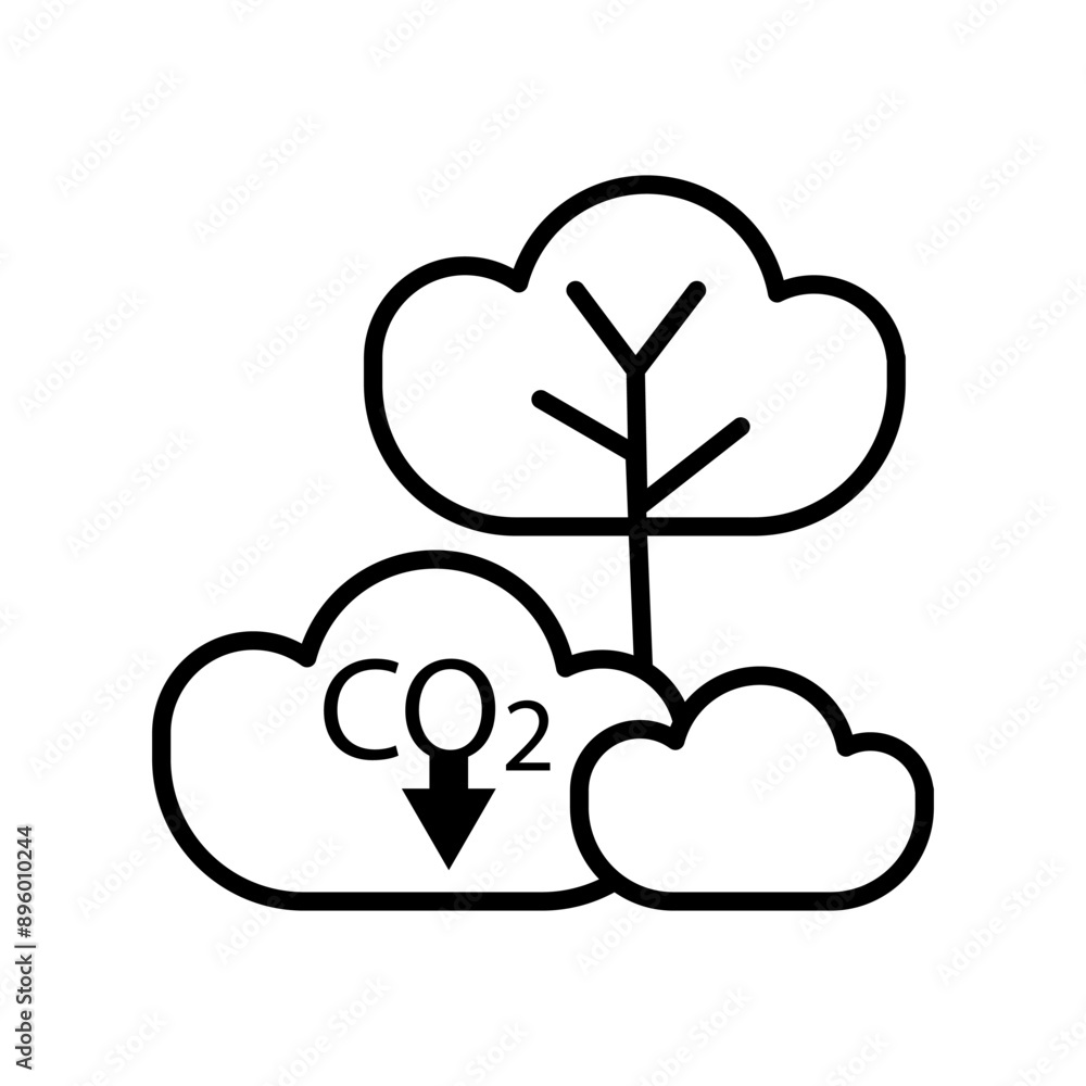 Poster tree reducing co2. carbon capture symbol. environmental vector icon. simple black outline.