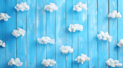 Cute children or baby background, white clouds on the blue wooden background