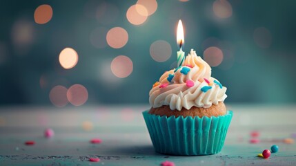 Cupcake with white frosting and colorful sprinkles is topped with a lit candle, suggesting a birthday celebration.