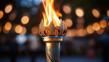 Olympic torch with hot vivid flame, burning. Symbol of athletic games. Close-up.