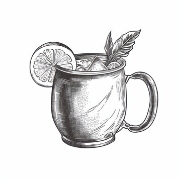 recommend clip art: Black and white Vintage engraved art of a Moscow Mule isolated on white background, ink sketch illustration, simple vector art design, highly detailed line art, high contrasty.