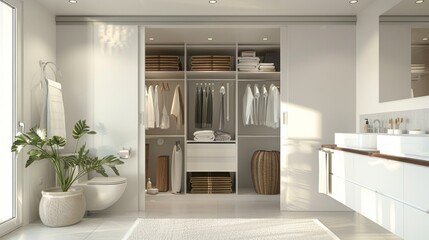 A modern, minimalist bathroom with white decor, dual sink vanity, wardrobe, plant, and dressing area, showcasing functional organization.