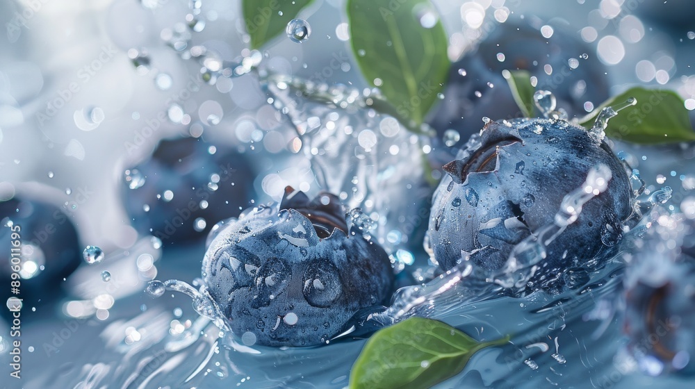 Canvas Prints Fresh blueberries with water splashes. Close-up of ripe blueberries and green leaves. Nature and food concept. Vivid colors and high detail in the image. Perfect for food blogs and advertising. AI