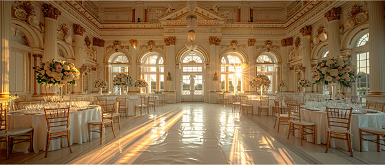 Fototapeta premium Elegant Wedding Reception Venue with Sunbeams Streaming Through Windows, Elegant Wedding Reception Venue with Sunbeams Streaming Through