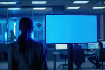 Obraz premium Close-up of blue screen on corporate office monitors, employees discussing the issue, network crisis, hyper-realistic, high detail, photorealistic, Key Light, Fill Light