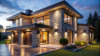 Modern stone house with decorative lighting outside at night, modern, stone, house, decorative, outside, concept, night