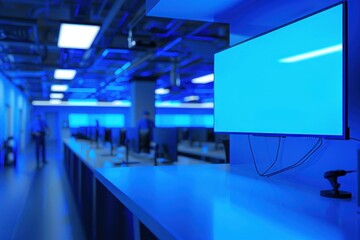 Close-up of blue screen on systems in police station, officers trying to troubleshoot, global network failure, hyper-realistic, high detail, photorealistic, Key Light, Fill Light