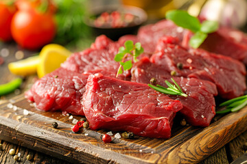 Raw red meat on a wooden board. Fresh meat from grass-fed and free-range animals