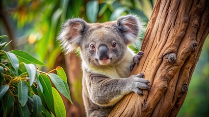 Fototapeta premium Koala peacefully resting in eucalyptus tree , Australia, wildlife, nature, cute, fluffy, marsupial, tree-dwelling, iconic
