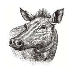 Fototapeta premium Black and white Vintage engraved art of a portrait of a warthog isolated on white background, ink sketch illustration, simple vector art design, highly detailed line art, high contrasty
