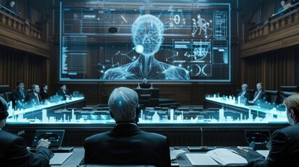 A futuristic courtroom where AI judges preside over cases using holographic evidence displays, blending advanced technology with traditional judicial settings in a high-tech, modern environment.