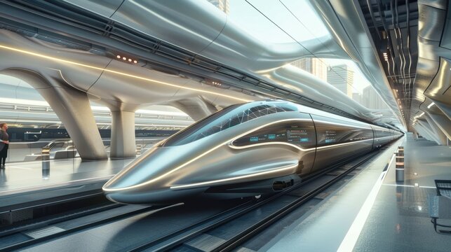 A high-speed hyperloop station with sleek, aerodynamic trains, showcasing cutting-edge transportation technology and futuristic design in a modern, urban setting.