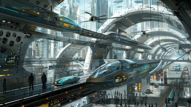 A bustling futuristic transportation hub featuring hyperloop trains and advanced vehicles, set within an ultra-modern, high-tech cityscape with sleek architecture and dynamic lighting.