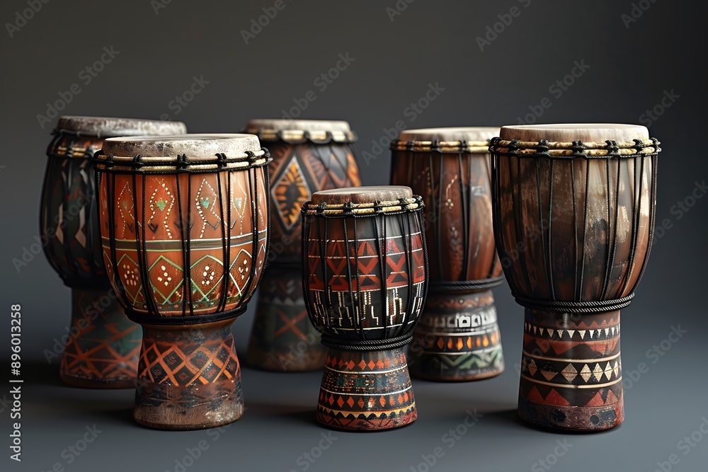Poster a vibrant collection of handcrafted drums showcasing intricate patterns and textures