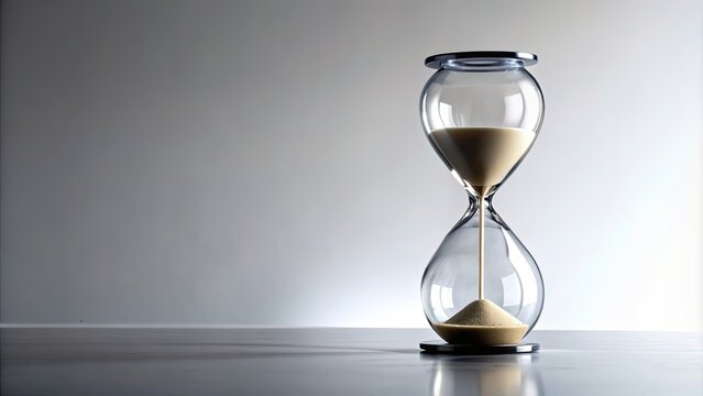 Hourglass standing on a bright white surface, time, sand, timer, clock, countdown, symbol, passing, concept, hour